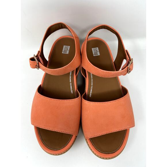 FitFlop Eloise Suede Wedge Sandals Coral Size US 10 Cork Wrap Back Strap Comfort - Picture 4 of 7